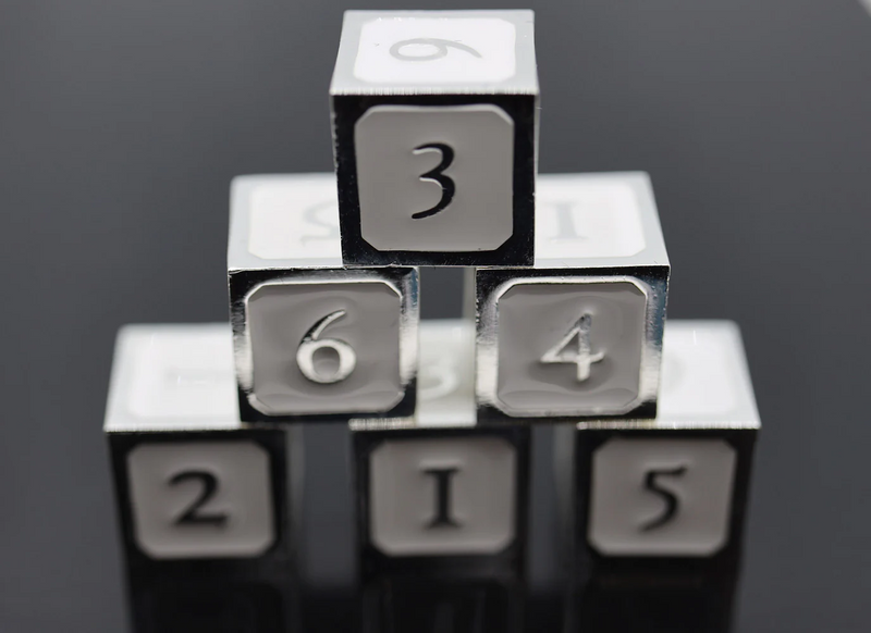 6 piece Metal D6's - White and Silver