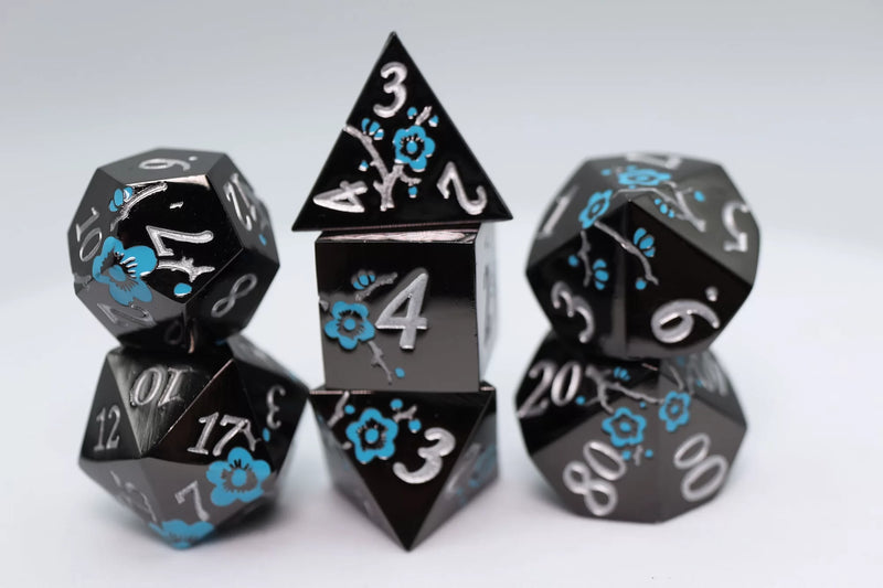 Black with Blue Orchids RPG Metal Dice Set