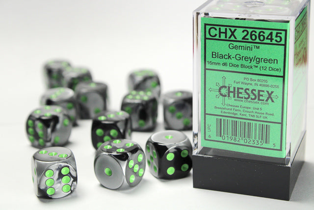 Gemini® 16mm d6 Black-Grey/green Dice Block