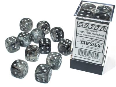 Borealis® 16mm d6 Light Smoke/silver Luminary™ Dice Block™ (12 dice)
