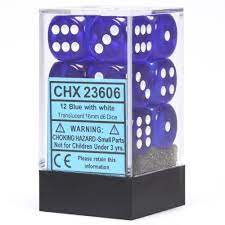 Translucent Blue/White 16mm d6 Dice Block (12 Dice)