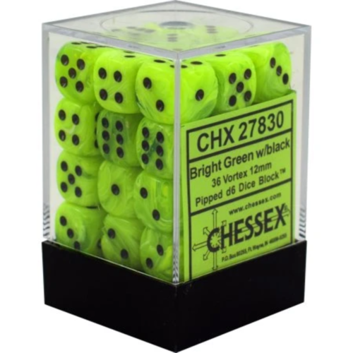 Chessex Dice : Vortex: 12mm D6 Bright Green/Black (36)